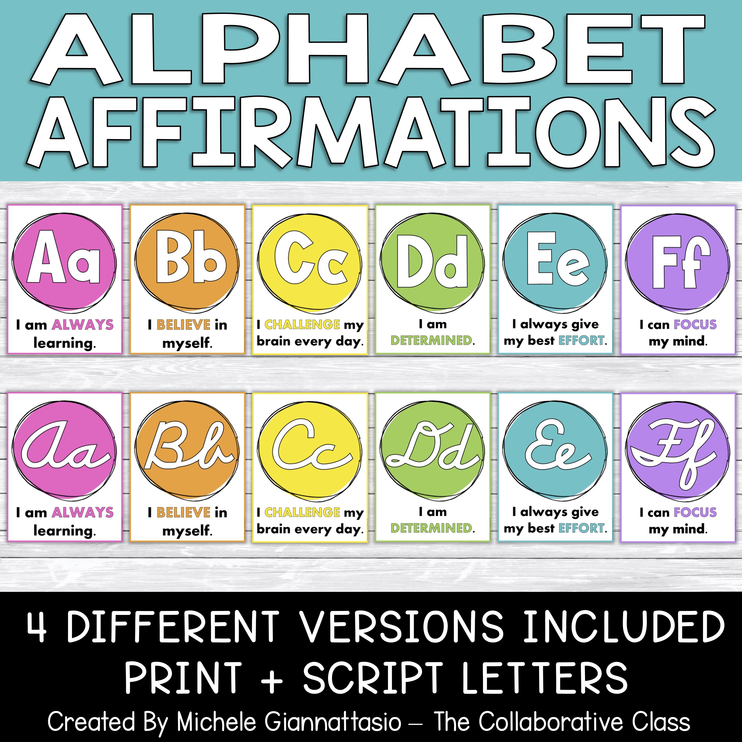 Affirmation Alphabet Posters, Print + Cursive